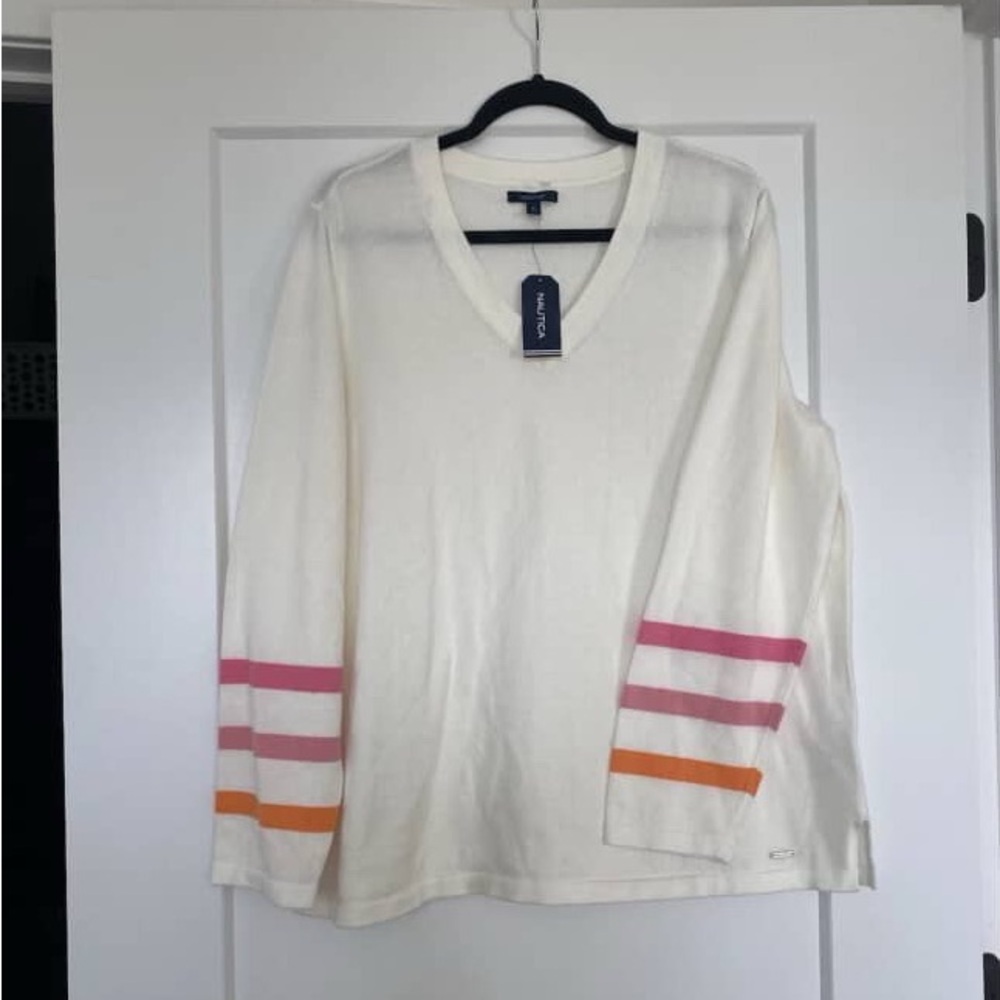 Nautica Marshmallo Lightweight Striped Cuff Sweater Women’s XL NWT
